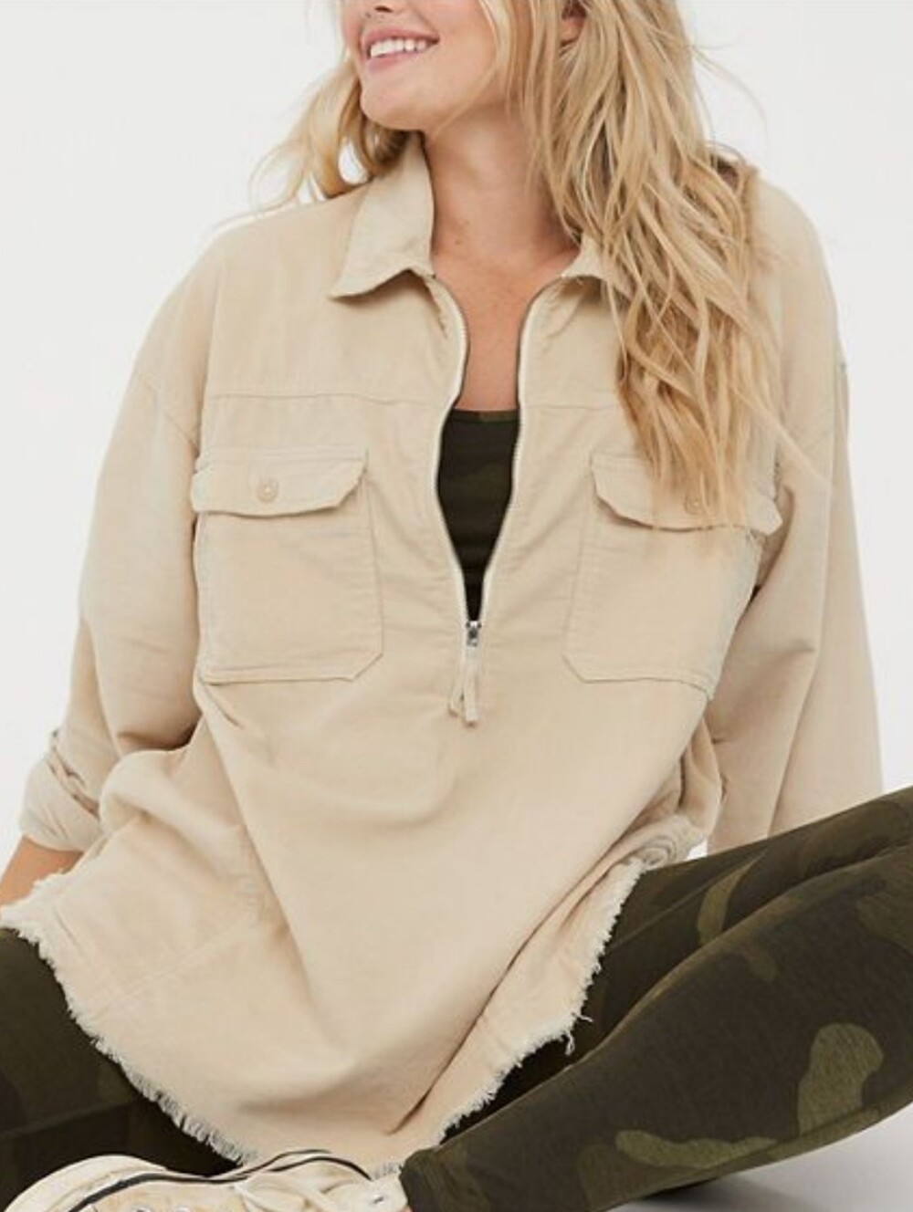 Offline By Aerie Beige Corduroy Quarter Zip Baggy Oversized Pullover Shacket M